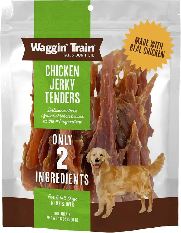 Waggin' Train Chicken Jerky Dog Treats, Made with 100% Real Chicken Breasts, Only Two All-Natural Ingredients, Great High Protein Dog Treat, Easily Digestible for Big or Small Dogs, 18 Oz. Pouch1