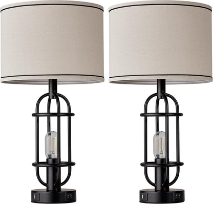 Black Table Lamps for Living Room Set of 2, 22.3" Farmhouse Lamps for Nightstand, Industrial Table Lamps for Bedroom with USB Ports, Bulbs Included7