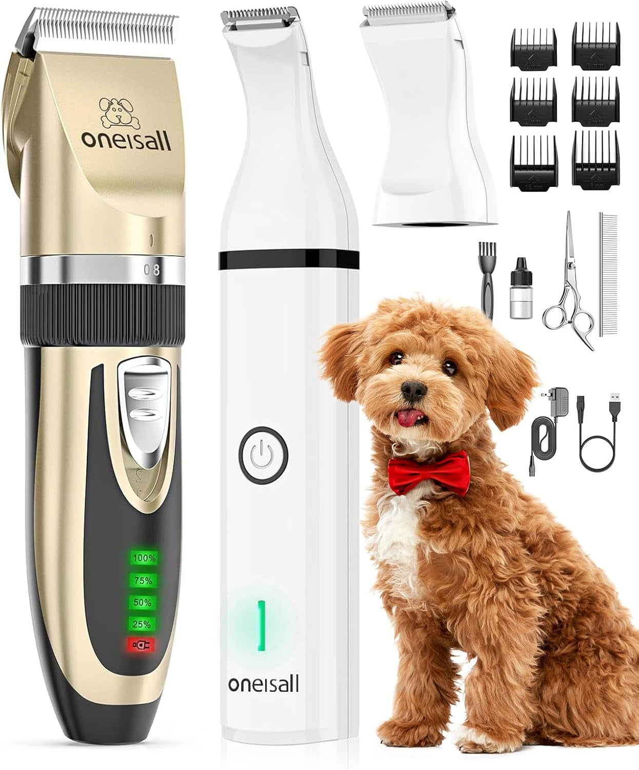 oneisall-dog-clippers-and-paw-trimmer-kit-for-small-large-dogs-cats-low-noise-powerful-motor-cordless-long-battery-life-simple-for-beginners-6-guide-combs-removable-rinsable-blade