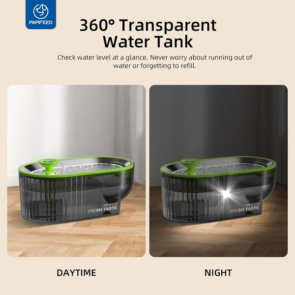 PAPIFEED Cat Water Fountain Stainless Steel with a Silicone Mat, 84Oz/2.5L Automatic Pet Water Fountain with LED Water Level Window, Quiet Low Power Cat Water Bowl & Cat Water Dispenser (Green)6