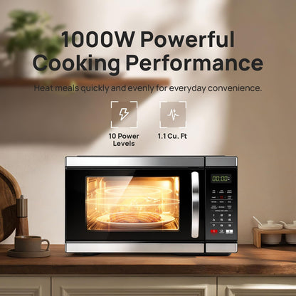 Microwave Countertop Ovens 1000 Watt, Black Small Microwave 1.1 Cu Ft, Large Microwave Digital 6 Auto Cooking, Eco Mode, Child Lock, 10 Power Level, Led Display, Easy Clean, Memory Function3