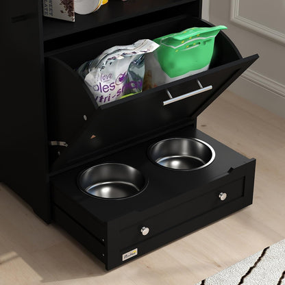 Pawhut Dog Feeding Station with Raised Bowls, Pet Feeder Station, Black | Dog Food Storage Cabinet, Hanger for Feeding & Watering Supplies9