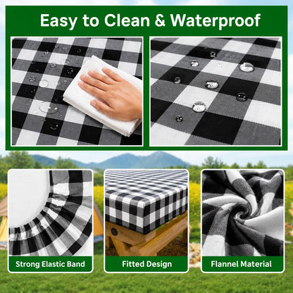 Vinyl Fitted Picnic Table Cover with Bench Covers & Bag 6Ft Black Checkered |  Outdoor Waterproof, Windproof Tablecloth with Elastic Edges. Camping RV Gear Campers Must Have 72X30 Inches4