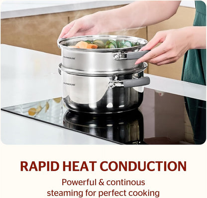 : 3 Quart Stainless Steel Steamer Pot - 2-Tier Cookware, Tempered Glass Lid, Stay-Cool Silicone Handles, 3-Ply Bottom, Dishwasher & Oven Safe | Steaming Pot with Glass Lid & Steamer Basket6