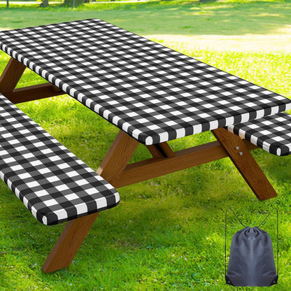 6FT Picnic Table Cover with Bench Covers, Elastic Fitted Tablecloth | Waterproof Washable Rectangle Tablecloths ,Buffalo Plaid Tablecloth for Dining, Camping, Outdoor (Black & White, 30" X 72")1