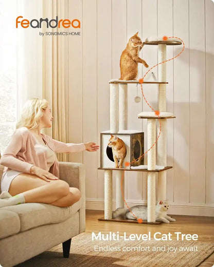 Feandrea Cat Tree, 64.6-Inch Modern Cat Tower, Multi-Level Condo with 5 Scratching Posts, Perch, Washable Removable Cushions, Cave, Rustic Brown UPCT166X012