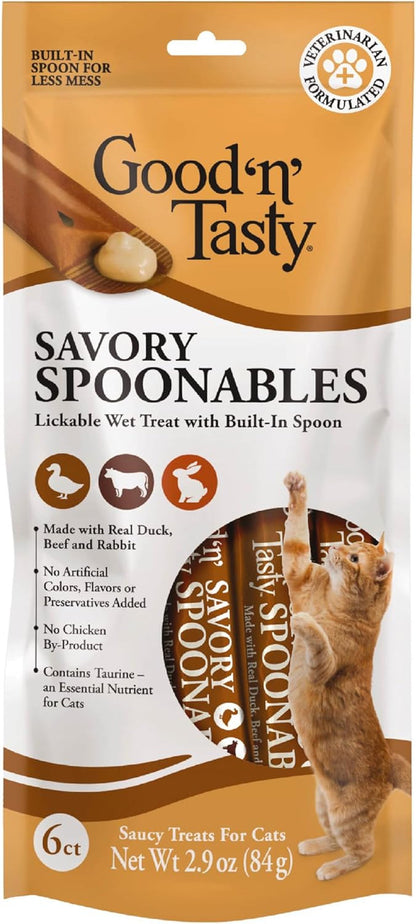 Good ‘N’ Tasty Savory Spoonables with Real Duck, Beef & Rabbit, 6 Count Tube, Triple Flavor Squeezable Lickable Wet Treats for Cats with Built-In Spoon for Less Mess1