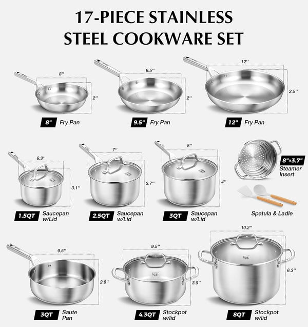 Stainless Steel Cookware Set 17 Piece with 5 Layer Base, Professional 18/10 Stainless Steel Pots and Pans Set, Oven Safe, Induction Ready, Non-Toxic Kitchen Cookware Set4