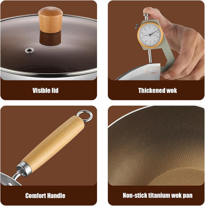 Titanium Wok with Lid, Non Stick Titanium Pans for Cooking, Ultra-Durable, Scratch-Resistant, Even Heating Frying Pans, Compatible with All Cooktops, Stainless Woks,7.87In7
