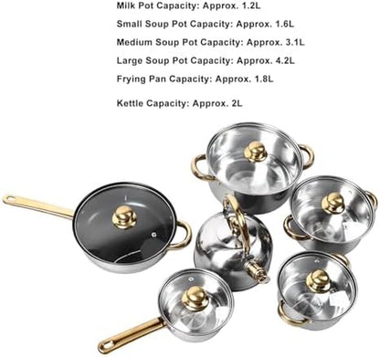 Home Stainless Steel Cookware Sets 12 Piece, Pots and Pans Kitchen Cooking Set with Stay Cool Handles, Dishwasher , Included Milk Pot, Sauce Pan, Fry Pan, Kettle8
