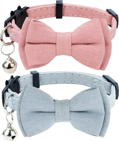 Cat Collar Breakaway Bowtie Safety with Bell Adjustbale Kitten Puppy Solid Plaid Color Set D-[2Pcs] Pink-26