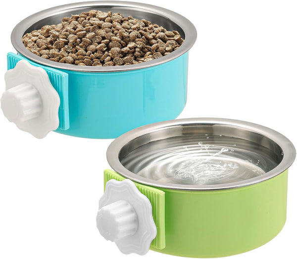Mechpia 2 Pieces Crate Dog Bowl, Removable Stainless Steel Pet Kennel Hanging Food Water Feeder Bowl Cage Coop Cup for Puppy Medium Dog Cat Rabbit Ferret Bird (Blue,Green)1