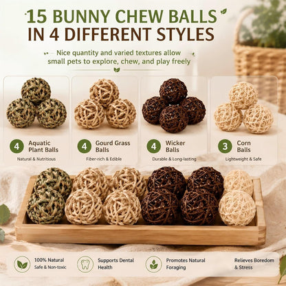 Skylety 15 Pieces Bunny Chew Balls for Rabbits, Small Animal Rolling Grass Toys and Treats for Guinea Pigs, Chinchillas, Hamsters, Mice, Teeth Grinding, Gnawing and Play(Classic Style,1.97")5