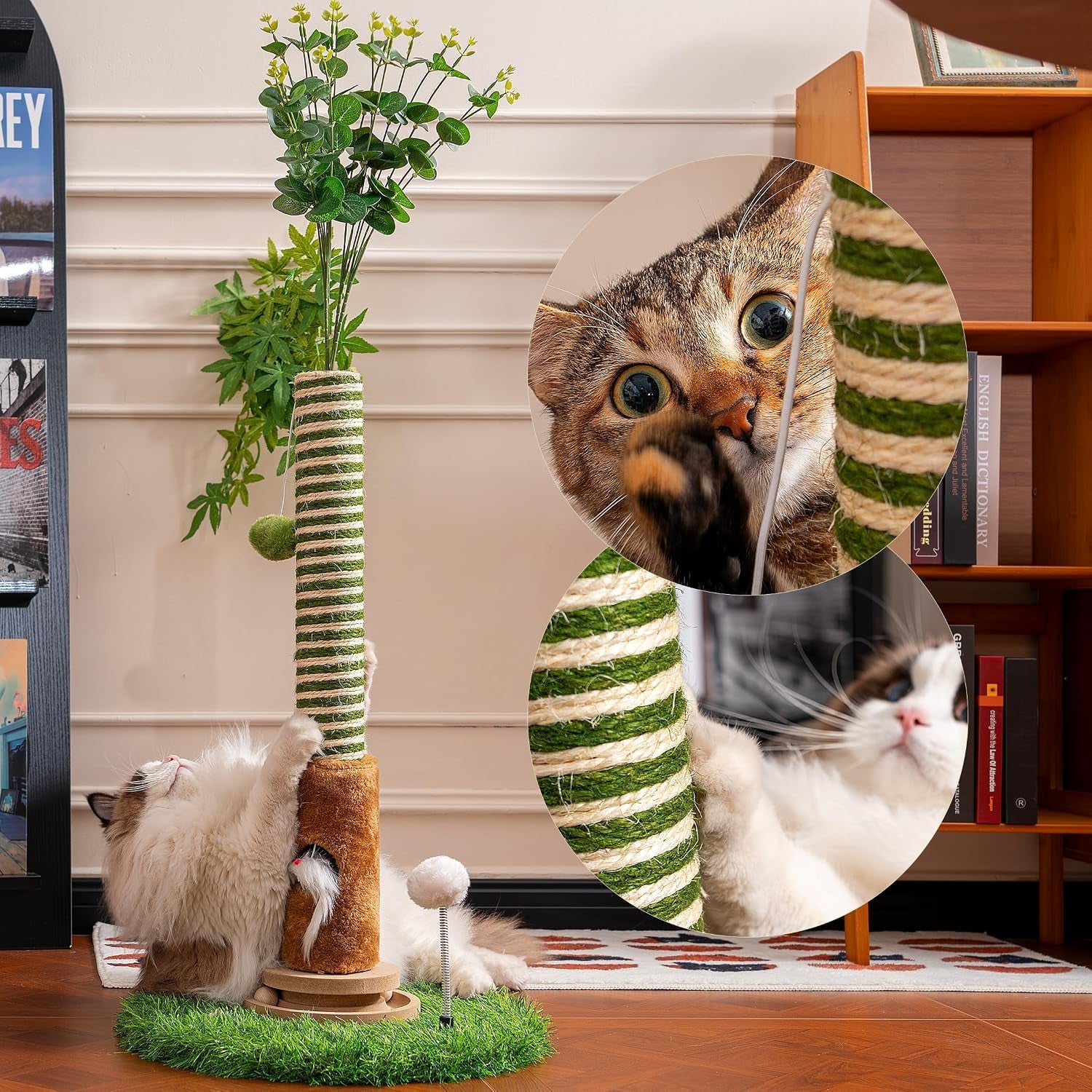 cat-scratching-post-39-tall-with-interactive-ball-mouse-hole-for-indoor-adult-cats-sisal-rope-cat-tree-tower-kitty-scratcher-furniture-with-artificial-grass-tree-for-kittens-cat-toys