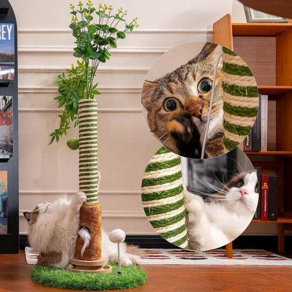 Cat Scratching Post 39'' Tall with Interactive Ball & Mouse Hole | for Indoor Adult Cats, Sisal Rope Cat Tree Tower. Kitty Scratcher Furniture with Artificial Grass Tree for Kittens Cat Toys4