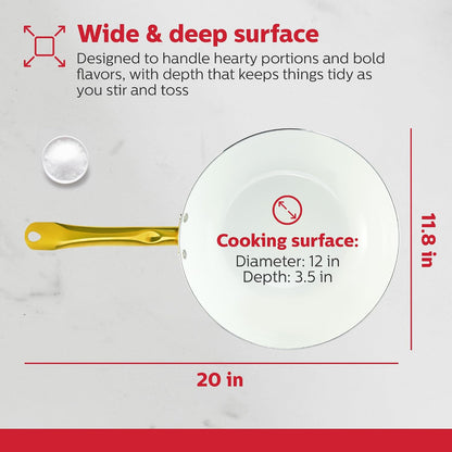 12-Inch White Ceramic Nonstick Wok with Lid - Gold Color and Stainless-Steel Handle, Versatile Gas and Electric Stovetop Compatibility, Golden Elegance7