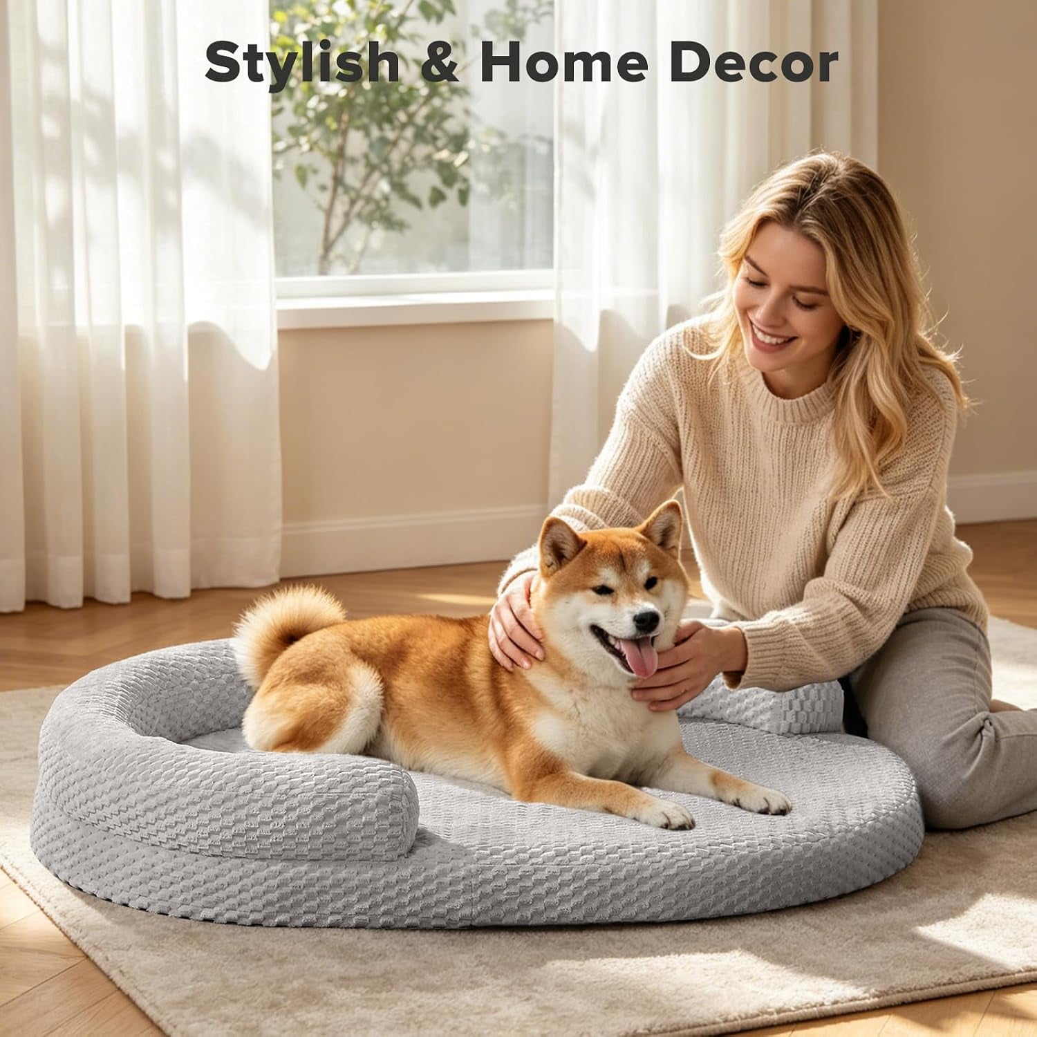 joejoy-xl-orthopedic-dog-beds-large-sized-dog-extra-large-washable-waterproof-oval-large-dog-bed-with-removable-cover-egg-crate-foam-pet-bed-with-bolster-non-skid-bottom-light-grey-42x31