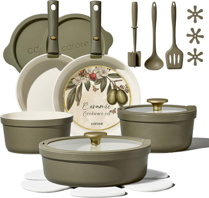 21Pcs Ceramic Cookware Sets, Nonstick Pots and Pans Set Non Toxic | Space Saving, Detachable Handle, Dishwasher & Oven Safe, PFAS Free, Kitchen/Apartment/Camping/Rv/ Traveling Cooking Sets1