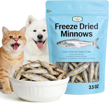 Amzey 7Oz Minnows Dog Treats - Freeze Dried Minnows Cat Treats - High Protein & Premium Quality Training Treats - Bulk Package (1.6" to 2.8" Length Each)8