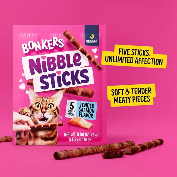 Bonkers Nibble Sticks Soft & Meaty Tender Salmon Flavor Cat Treats, 5 Sticks (Pack of 20)3