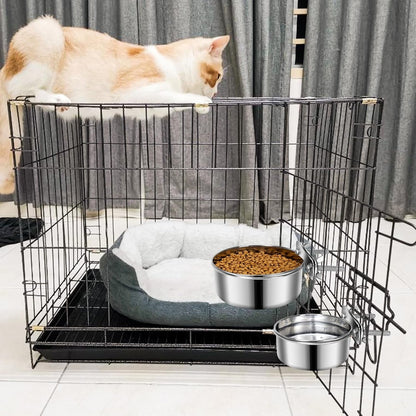 2 Pcs Small Pet Dog Food Water Bowl for Cage Stainless Steel Non-Spill Kennel Hanging Cats Pets Bowls with Clamp Holder Crate Feeder Dish for Small Dogs Pets (4.7X1.9'' & 3.9X1.7'')7