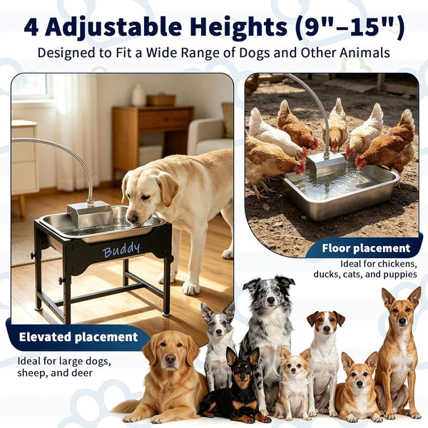 BWOGUE 3 Gal Automatic Dog Water Dispenser, Elevated Outdoor Bowl for Dogs | Automatic Water Dispenser for Dogs, Stainless Steel Pet Waterer, 9/11/13/15 in Stand, Float Valve, Big Dogs Pets Livestock4