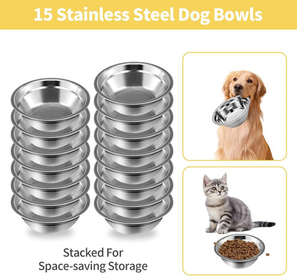 15 Pcs Stainless Steel Dog Bowls, Metal Cat Dog Water Food Bowl, Small Dogs Bowls, Pet Bowls, Puppy Dogs Dish, Pet Water Bowl for Small Cats Rabbits Puppy (15 Fl Oz)5