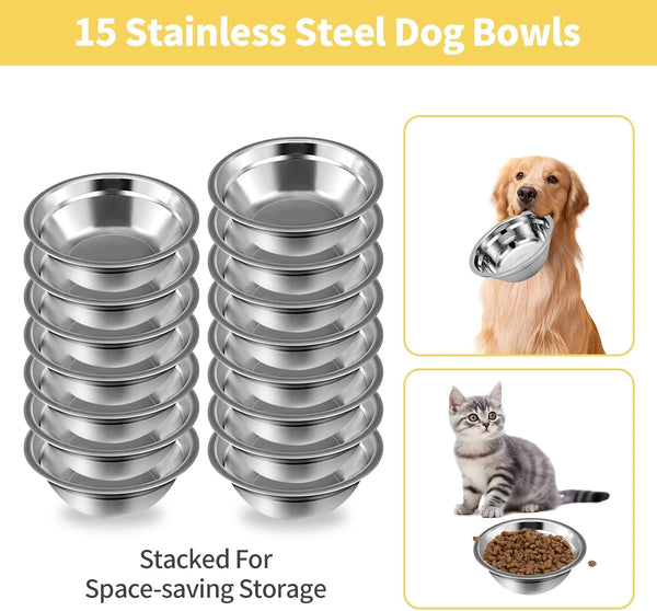 15 Pcs Stainless Steel Dog Bowls, Metal Cat Dog Water Food Bowl, Small Dogs Bowls, Pet Bowls, Puppy Dogs Dish, Pet Water Bowl for Small Cats Rabbits Puppy (15 Fl Oz)5
