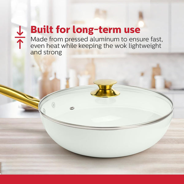 12-Inch White Ceramic Nonstick Wok with Lid - Gold Color and Stainless-Steel Handle, Versatile Gas and Electric Stovetop Compatibility, Golden Elegance3