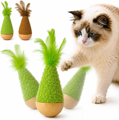 2-Pack Interactive Self-Righting Wobble Cat Toy with Feather, Fluffy Plush Wooden Tumbler for Bored Adult Indoor Cats Silent Self Play Cat Enrichment Toy, Green & Brown1
