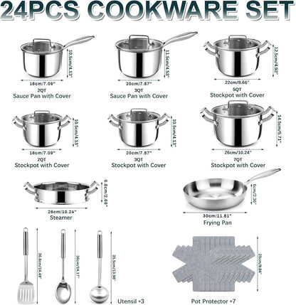 Stainless Steel Cookware Set - 24 PCS Kitchen Cookware Sets with 3-Ply Frying Pan and Steamer, Cool Handles, Heavy-Duty Chef Quality, Pots and Pans Set Compatible with All Stoves2
