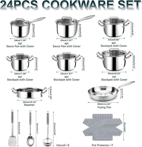Stainless Steel Cookware Set - 24 PCS Kitchen Cookware Sets with 3-Ply Frying Pan and Steamer, Cool Handles, Heavy-Duty Chef Quality, Pots and Pans Set Compatible with All Stoves2