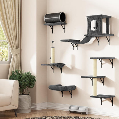 NUNU LAB Wall Mounted Cat Furniture Set - 6 Pcs Climber Set with House, Bridge, Steps, Scratcher Board - DIY Walls Playground, Indoor Cat Shelves - Gray21
