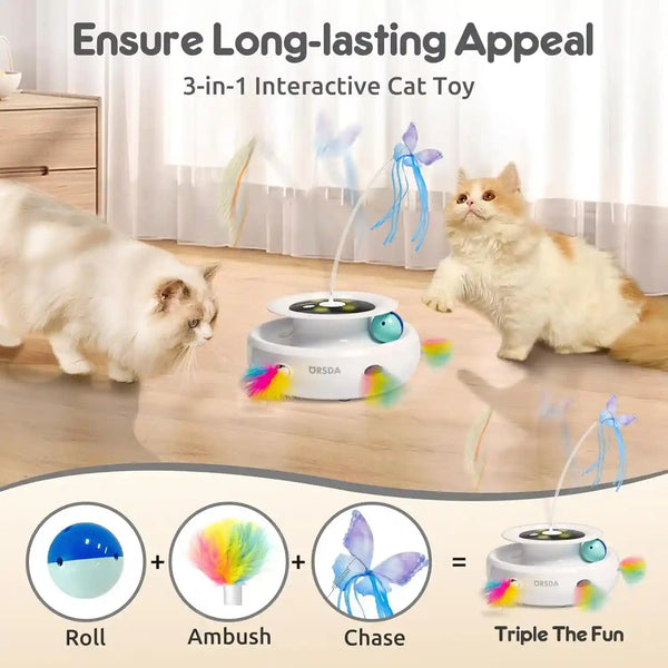 ORSDA Cat Toy, 3-In-1 Automatic Interactive Electronic Moving Ambush Feather, Fluttering Butterfly, Track Balls, USB Rechargeable Powered Smart Indoor Exercise Kicker2