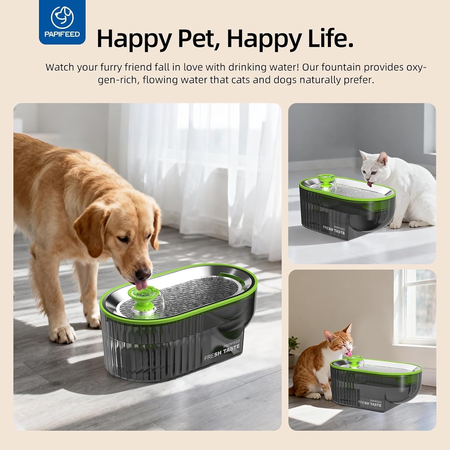 papifeed-cat-water-fountain-stainless-steel-with-a-silicone-mat-84oz-2-5l-automatic-pet-water-fountain-with-led-water-level-window-quiet-low-power-cat-water-bowl-cat-water-dispenser-green