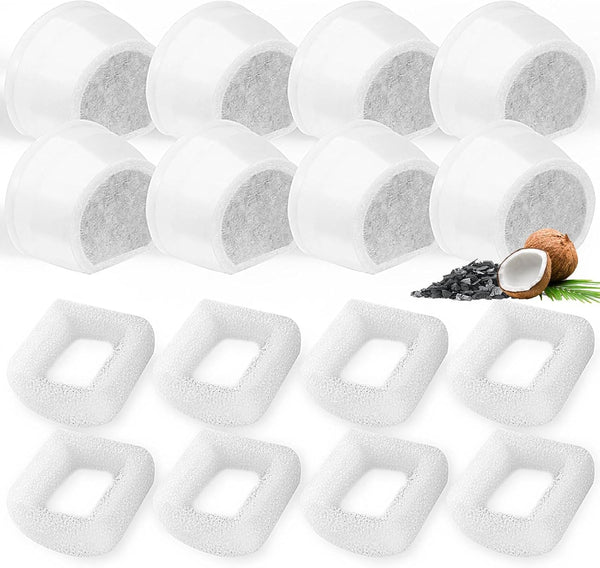 16 Pack Cat Water Fountain Filters Replacement, 8 Carbon Filters and 8 Foam Sponge Pre-Filter Fit for Multiple Ceramic and Stainless Steel Pet Fountains1