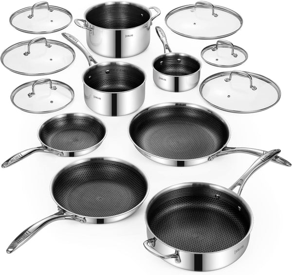 13 Piece Hybrid Ceramic Nonstick Stainless Steel Cookware Set | 5 PC Fry Pan Set, 6 PC Pot Set, 3.7QT Deep Sauté Pan&Lid, Induction Ready, Stay Cool, PFOA Free for All Cooktops1