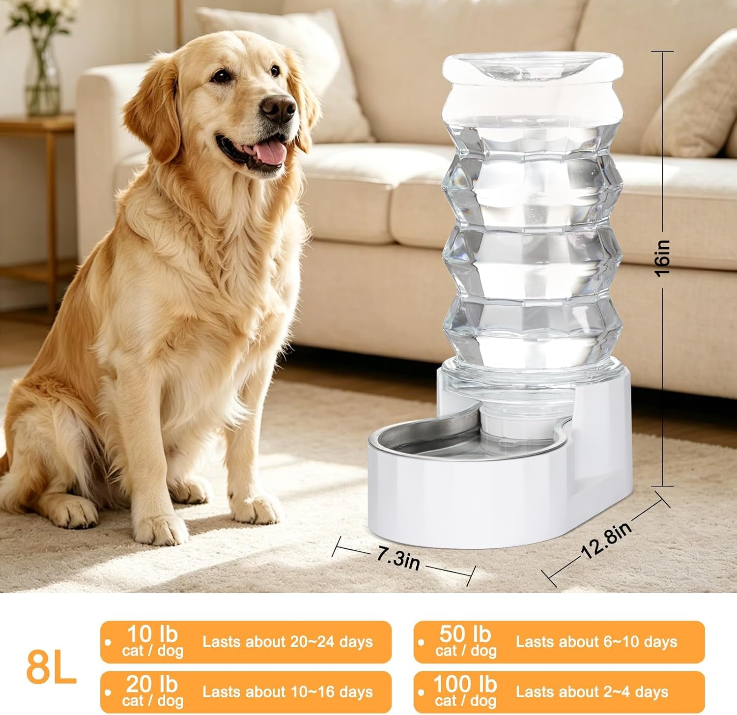 rizzari-8l-gravity-dog-water-dispenser-stainless-steel-bowl-anti-splash-wide-mouth-easy-cleaning-dishwasher-safe-no-electricity-needed-filtered-fresh-water-multi-pet-homes