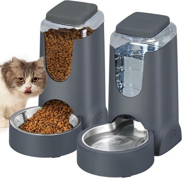 Automatic Cat Feeder and Water Dispenser with Stainless Steel Bowl Dog Gravity Food Feeder and Waterer for Small Medium Pets Puppy Kitten 1 Gallon X 21