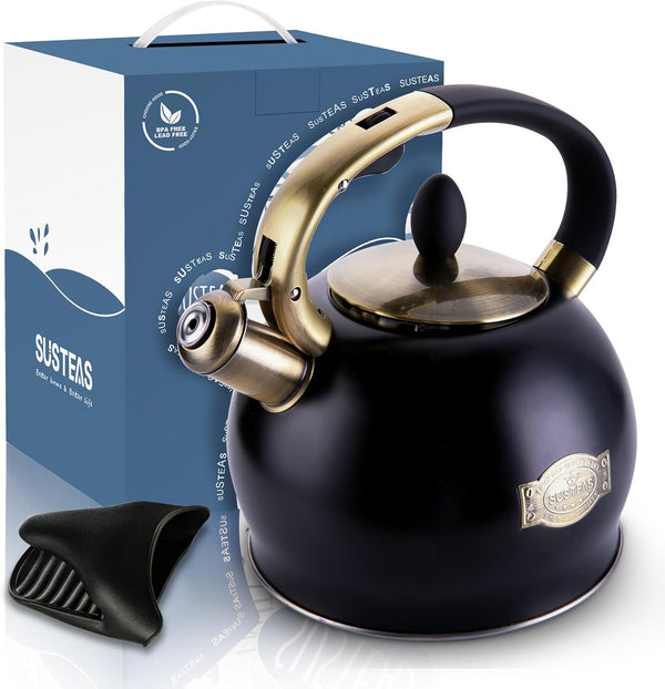 Whistling Tea Kettle, 2.7QT Food-Grade Steel Teapot, BLACK | Tea Pot for Stove with Ergonomic Handle, with 1 Silicone Pinch Mitt, for Induction, Gas, Electric, Radiant Cooktops7