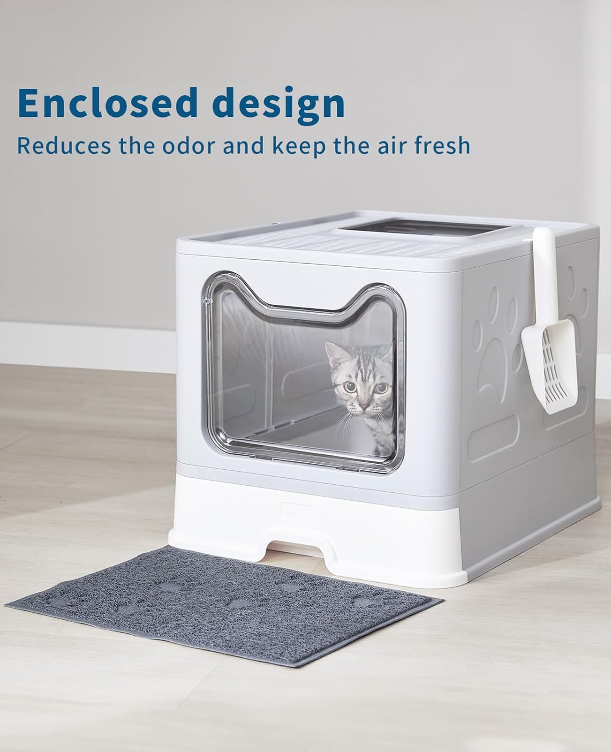medario-cat-litter-box-with-litter-mat-and-scoop-large-covered-litter-box-with-lid-enclosed-kitty-box-front-entry-top-exit-odor-control-easy-to-clean-grey