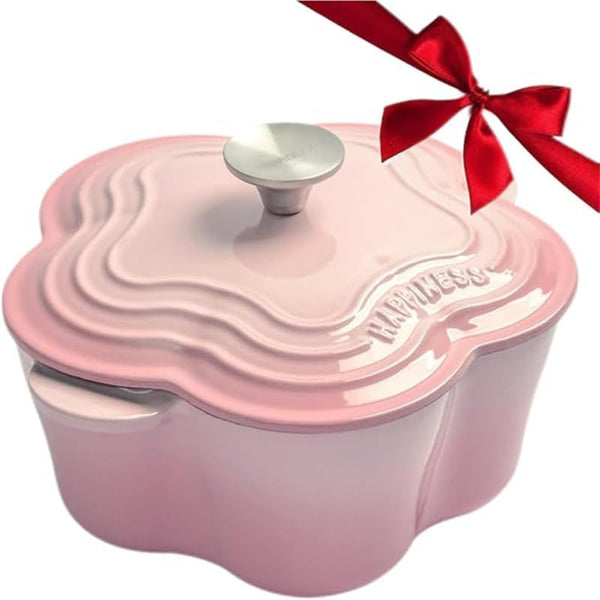 Enameled Cast Iron Dutch Oven Floral-Shaped Pot with Lid, Dual Handles, Works on All Stovetops, Oven Safe to 500°F, 2.5 Quart, Pink1
