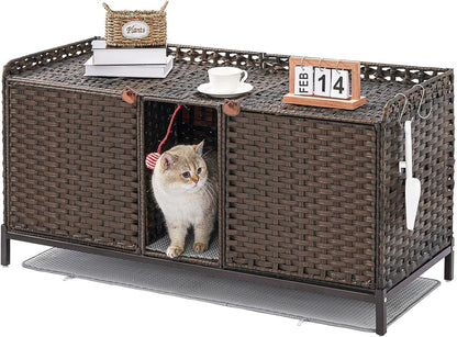 SETVSON Cat Litter Box Enclosure Furniture, Rattan PE Kitty House, Natural | Handwoven PE Rattan with 2 Soft Mats, Heightened Metal Feet, 2 S-Hooks, 30.3 X 18.3 X 28 in Spacious Interior Kitty Cabinet10