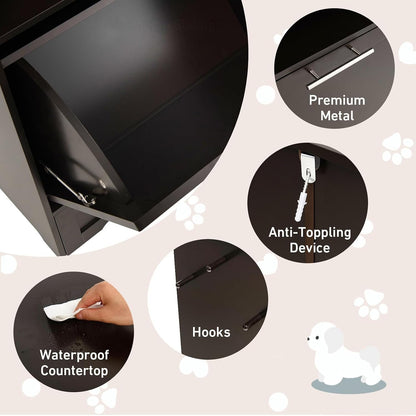 Dog Food Cabinet Feeding Station with 2 Raised Bowls, Pull Out Elevated Dog Bowl, Storage, 3 Hangers, Pet Feeder Toy Leashes Organizer, Brown6