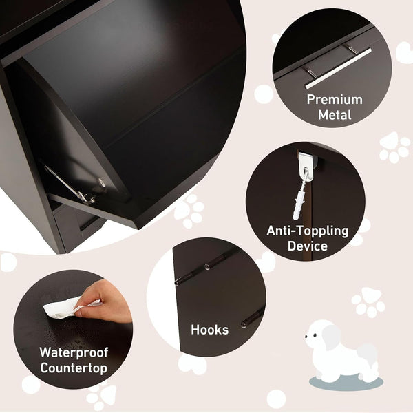 Dog Food Cabinet Feeding Station with 2 Raised Bowls, Pull Out Elevated Dog Bowl, Storage, 3 Hangers, Pet Feeder Toy Leashes Organizer, Brown6