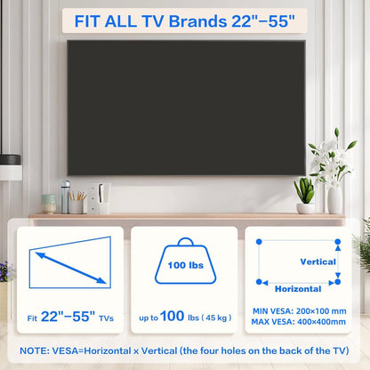 No Drill Drywall TV Mount, No Stud TV Wall Mount for Most Brand 22-55 Inch Tvs up to 100 Lbs, Easy Install No Stud Studless Tvs Wall Mount, Include All Hardware- Level Bubble Meter2