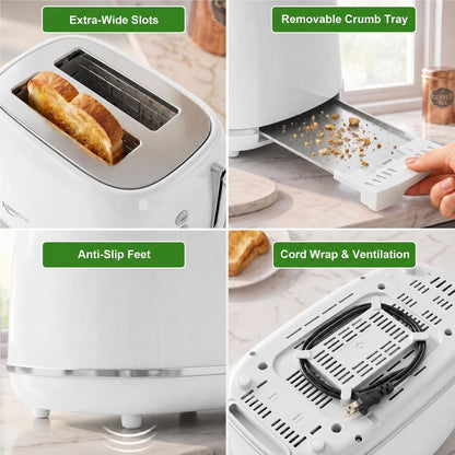 2 Slice Toaster, Retro Stainless Steel Kitchen Essentials, White | Retro Kitchen Decor, 18/8 Food-Grade Steel, 1.5” Slots & 6 Browning Levels, Bagel/ Defrost/ Reheat, Removable Crumb Tray6