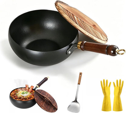 2026 NEW Uncoated Thick Iron Pot with Lid, Japanese Cast Iron Pan, Multifunctional Non-Stick Cast Irons Wok for Cooker Gas Stir Fry Pans (With Wooden Lid, 8 In)1