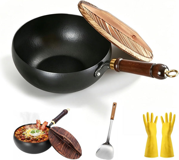 2026 NEW Uncoated Thick Iron Pot with Lid, Japanese Cast Iron Pan, Multifunctional Non-Stick Cast Irons Wok for Cooker Gas Stir Fry Pans (With Wooden Lid, 8 In)1
