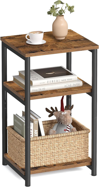 VASAGLE Side Table, Small End Table, Tall Nightstand, Steel Frame | for Living Room, Bedroom, Office, Bathroom, Rustic Brown and Ink Black ULET273B011